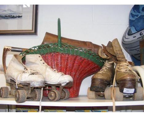 Various collectables, including vintage Hotspur roller skates, riding crop 