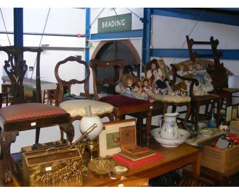 Antique hanging wall shelf/cupboard, together with a selection of eight antique chairs 