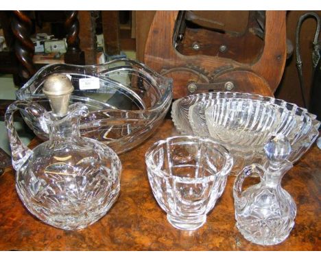 A trio of cut glass shell shaped bowls, an Orrefors glass bowl, together with other cut glass 