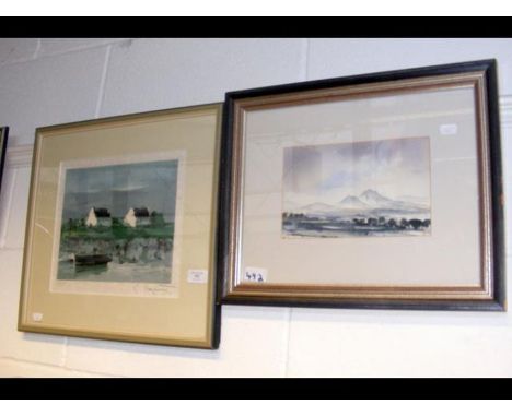 A framed lithograph by LAPORTE - lakeside cottages, together with a watercolour of mountain landscape by the Scottish Artist 