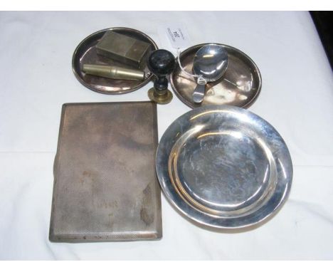 A silver cigarette case, caddy spoon etc