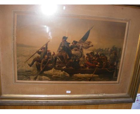 A coloured print depicting sailors in dinghy amongst ice flows - 56cm x 90cm - framed and glazed 