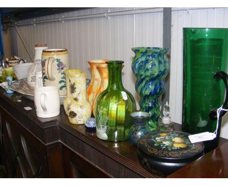 Various ceramic ware and glass, including green decanter with Stag decoration 