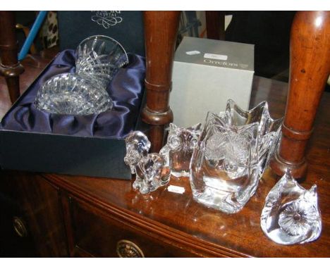 An Orrefors glass ornament with box, Daum glass owl ornament etc