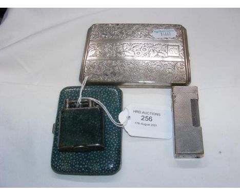 An 800 silver cigarette case, silver shagreen lighter, together with a Dunhill plated lighter etc