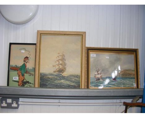 An oil on canvas by JAMES WEBB - three masted ship in rough seas - together with a cartoon print and a watercolour of coastal