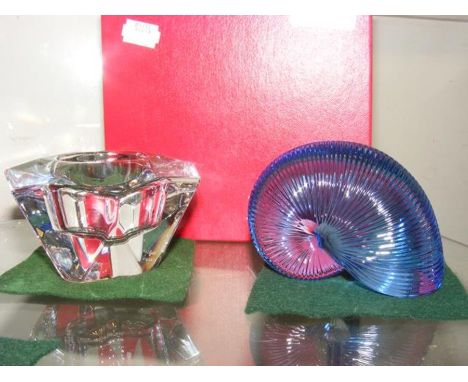 A Baccarat blue glass nautilus shell ornament, together with an Orrefors glass candle holder - boxed CONDITION REPORTgood con