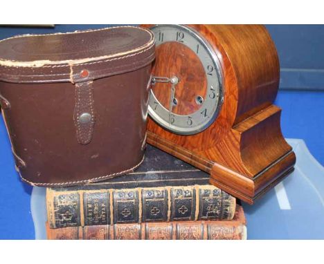 TWO LEATHER BOUND BOOKS
Pilgrim's Progress by Bunyan and Scots Worthies; also a walnut mantel clock and a pair of binoculars
