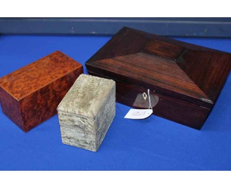 MAHOGANY SEWING BOX AND CONTENTS
together with a a burr elm trinket box and a cased bottle set (3)