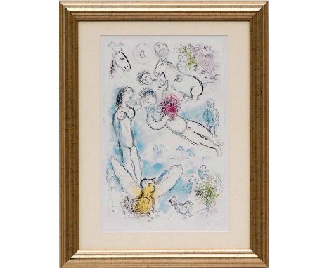 MARC CHAGALL 'Lovers in Paris', 1981, offset lithograph, printed by Maeght, 35cm x 23cm, framed and glazed.