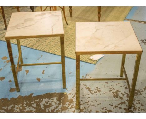 LAMP TABLES, a pair, 1970s, square veined white carrara marble, and gilt metal square supports, 38cm x 38cm x 48cm H. (2)