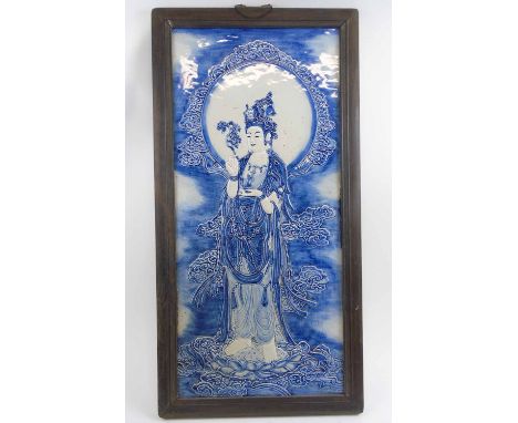 CHINESE BLUE AND WHITE CERAMIC PLAQUE, figurative study, framed, 88.5cm H x 44.5cm overall.