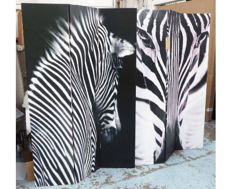 BOUTIQUE CHANGING SCREENS, a pair, zebra print finish, 120cm extended each screen. (2)