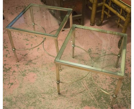 LAMP TABLES, a pair, mid 20th century Regency design silvered metal each square glazed with reeded stretcher supports, 46cm x