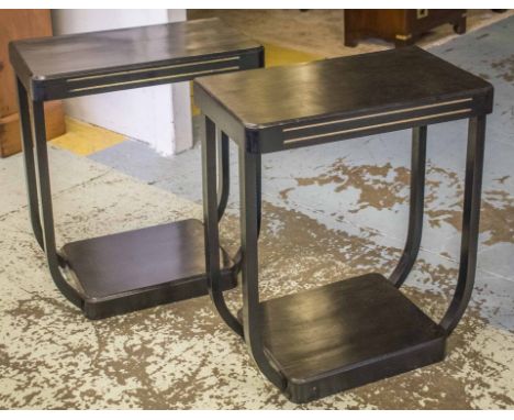 LAMP TABLES, a pair, Art Deco ebonised each with rectangular top and platform base, 69cm H x 60cm x 36cm. (2)