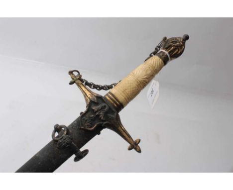 Unusual early 19th century robe sword with gilt brass cruciform hilt with palm tree decoration to pommel, carved bone grip, G