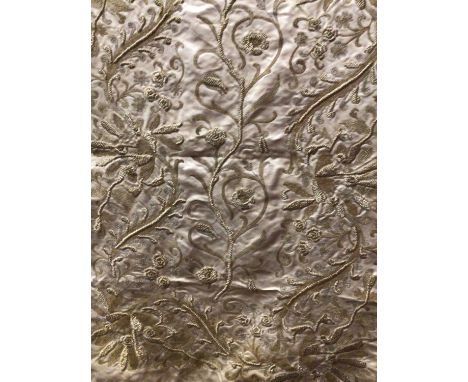 Oyster silk panel with metallic thread embroidery 110 x 55cms approximately, black wool panel with similar embroidery which i