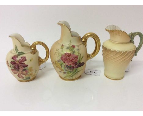 Three Royal Worcester blush ivory jugs, 11.5cm to 14cm heightCondition report: Medium sized plain jug- some wear to the gilt 