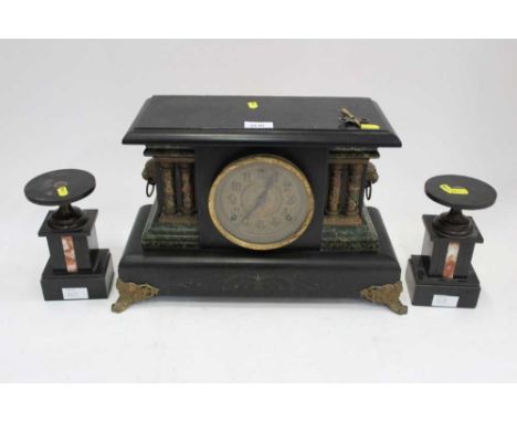 Ebonised wood mantel clock and garniture