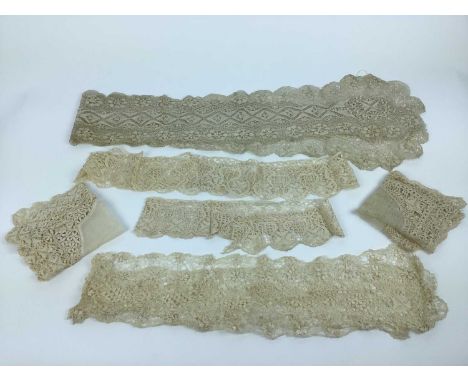 A collection of Antique lace including two Maltese silk lace lappets and handkerchiefs, Irish crochet collar, a pair of net l