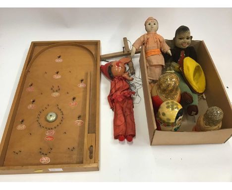 Box of dolls and toys including Norah Wellings, Pelham Puppet Punch, Russian dolls, bagatelle board etc.Condition report: Thi