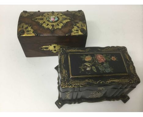 Two Victorian tea caddies, including Victorian domed walnut and brass mounted caddy, 20cm wide, papier mâché caddy 21cm wide