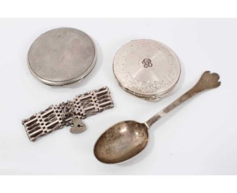 Mappin &amp; Webb silver compact with engine turned decoration, vintage Kigu silver powder compact, silver teaspoon, Sheffiel
