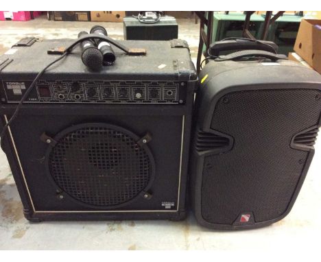 Torque Acoustics Amplifier together with an Intimidation Speaker, two microphones and Singing machine wireless reciever