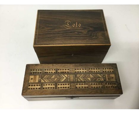 Victorian rosewood games box, boxwood inlaid and housing antique bingo set comprising wooden number blocks, glass counters an