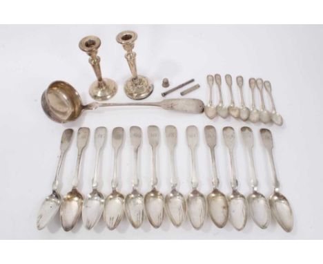 Group of German silver flatware to include large ladle, twelve table spoons and seven teaspoons (approximately 35oz) together
