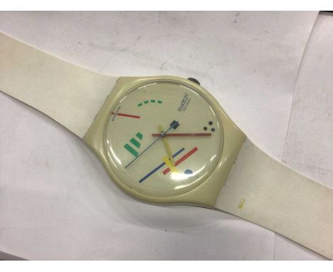 Large 1987 Swatch Watch wall clock. Dial 30cm diameter, 200cm long
