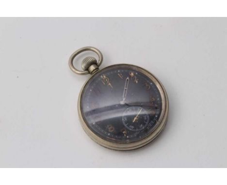 Second World War Period open face pocket watch, with black dial, luminous Arabic numerals, minute, subsidiary seconds and but