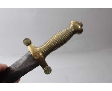 19th century French Artillery Gladius sidearm with ribbed brass hilt , leaf-shaped blade in brass mounted leather scabbard