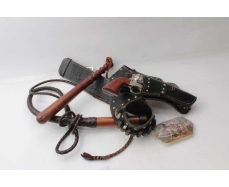 British Military brass bugle, truncheon, whip, replica revolver and other items (1 box)