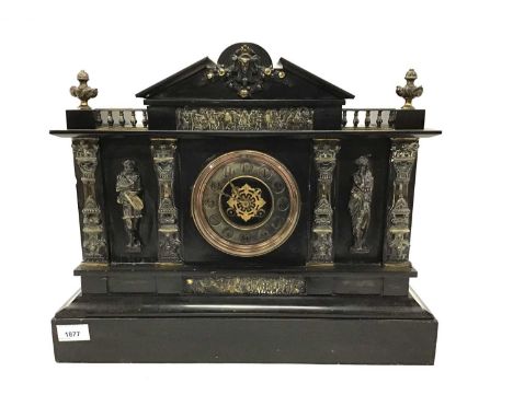 Large antique slate mantel clock, decorated in the classical style with brass columns, figures and friezes, 46.5cm width, inc