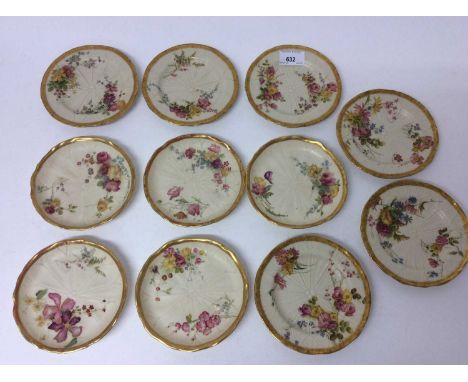 Eleven Royal Worcester blush ivory moulded dishes, decorated with flowers, 14cm diameterCondition report: One dish has a tiny