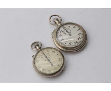 Two Second World War period open face military stopwatches, with white dials and button wind movements, rear of cases marked 