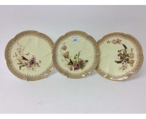 Three Royal Worcester blush ivory dishes decorated with insects and flowers, 22cm diameterCondition report: All three plates 