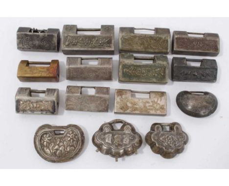 Collection of 15 Chinese silver, white metal and brass padlock style pendants with floral scroll and character mark decoratio