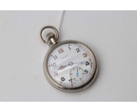 Second World War military pocket watch by Grana with luminous hands and numerals, the rear of the case with broad arrow mark 