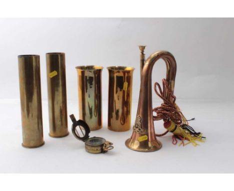 British Military MK3A brass pocket compass together with four Trench Art shell case vases and a military bugle (6)
