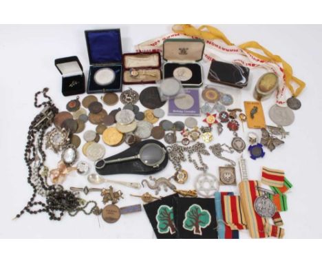 Costume jewellery, silver pendants and chains, silver ring, silver fobs, collection of various coins, WWI medal and medal rib