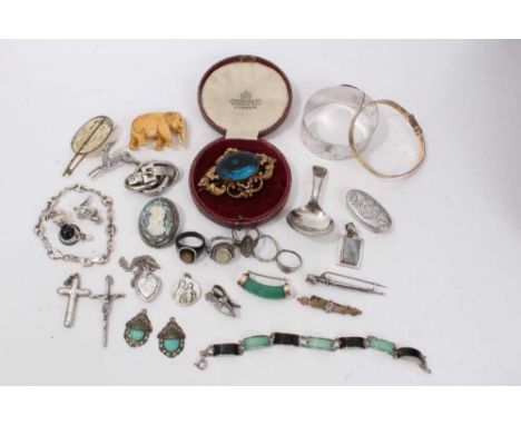 Victorian jewellery box containing silver and other jewellery including various rings, silver bangle, Victorian and later bro