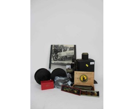 German tinplate projector, with one film entitled 'Goodwood 1947', another of automobile interest dated 1921 along with a fra