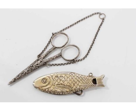 Novelty silver penknife in the form of a fish by W. Thornhill &amp; Co, 8.5cm long, together with a pair of Victorian silver 