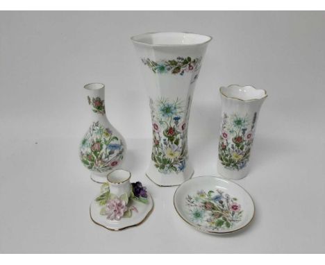 Three Aynsley Wild Tudor vases, matching dish and a Crown Staffordshire candlestick (5)Condition report: All items in good co