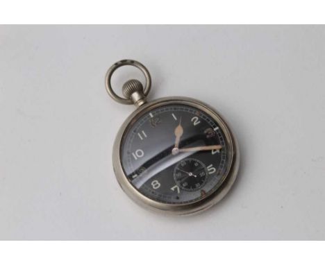 Second World War G.S.T.P open face pocket watch, with black dial, luminous Arabic numerals, minute, subsidiary seconds and bu