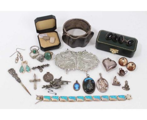 Group silver and white metal jewellery including Victorian cuff bangle, belt buckle, silver charms and pendants, pair silver 