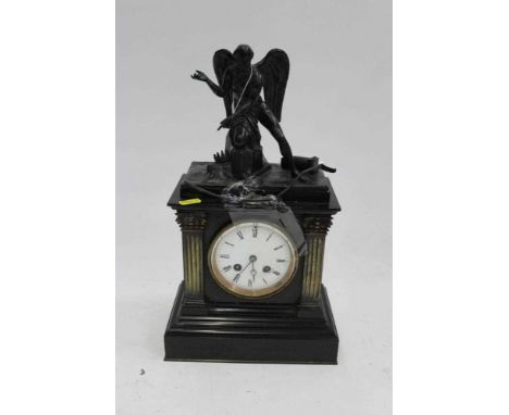 Antique slate mantel clock with a figure of Father Time, together with a slate and marble mantel clock and a modern glass cas
