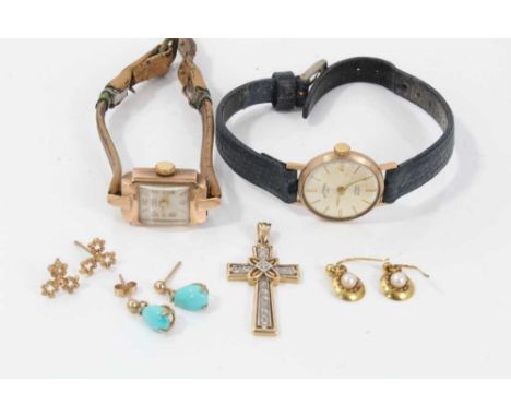 Two 9ct gold cased wristwatches on leather straps, 9ct gold diamond set cross pendant and three pairs 9ct gold earringsCondit